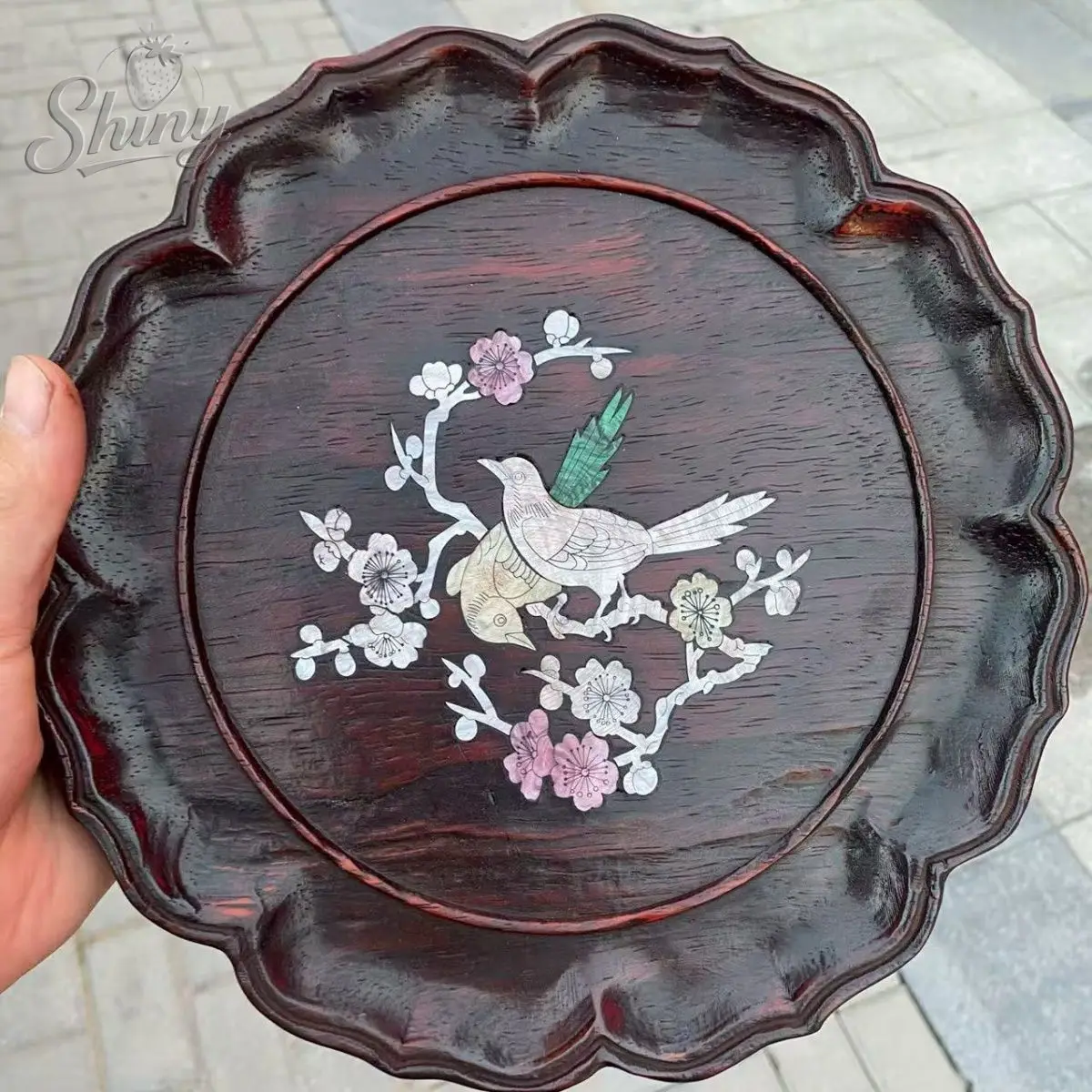 

25cm Vintage Rosewood Tea Tray with Shell Inlay Home Use Round Tea Tray, Fruit Platter, Gongfu Tea Set Tray