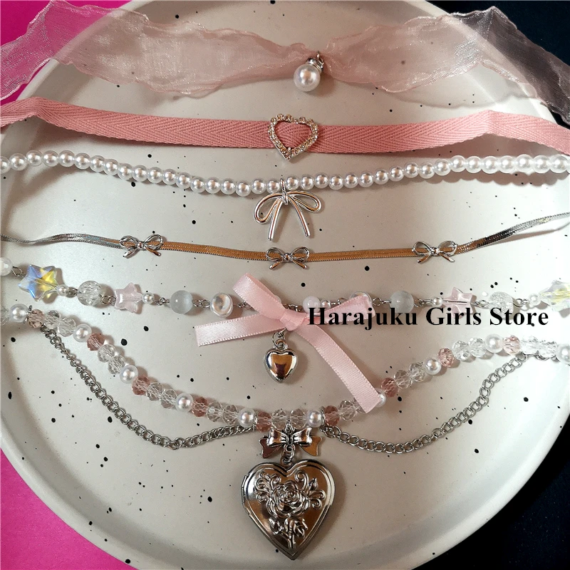 Rosary Heart Bow Fairycore Pearls Choker Pink Lace Necklace Y2K Pixie Fairycore Cottagecore Necklace Jewelry Accessories Gift