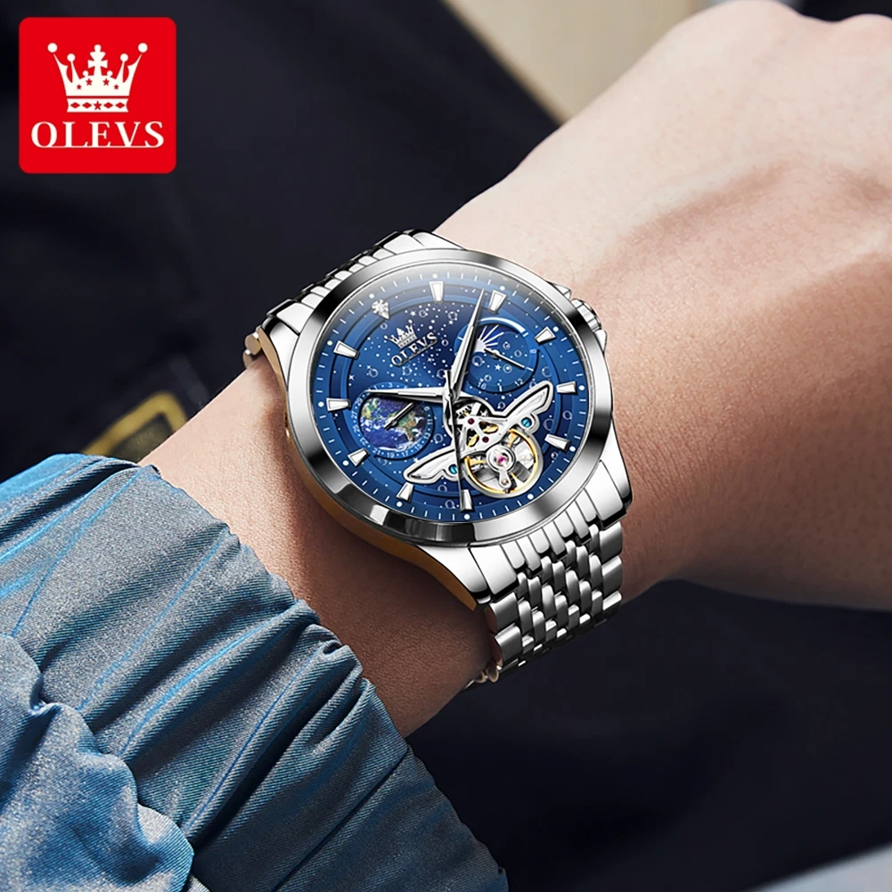 OLEVS-reloj mecánico automático para hombre, cronógrafo clásico, Original, a la moda, con volante hueco, esfera de fase lunar, resistente al agua