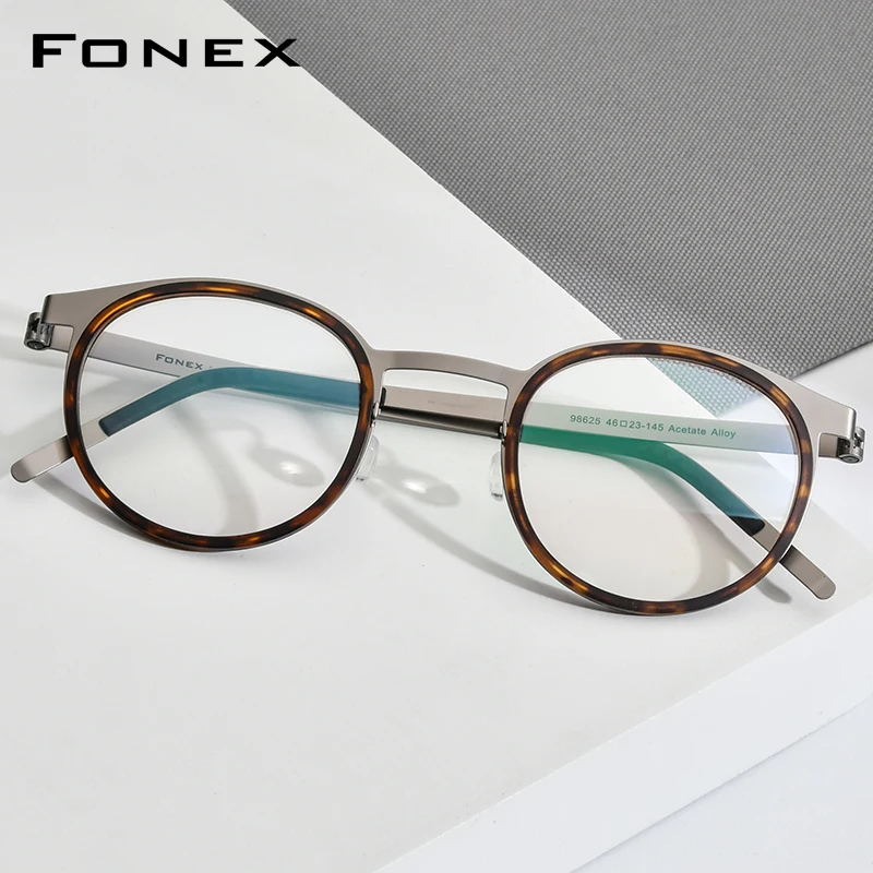 FONEX Acetate Alloy Glasses Frame Men Women Vintage Round Frames Eyeglasses Screwless Eyewear 98625