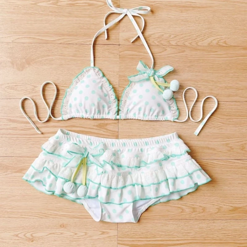 Summer Sweet Girls Micro Bikini Set Sexy Kawaii Tie Push-up Tankini Skirts Bottom Swimwear Beach Vacation Bathing Suit for Women