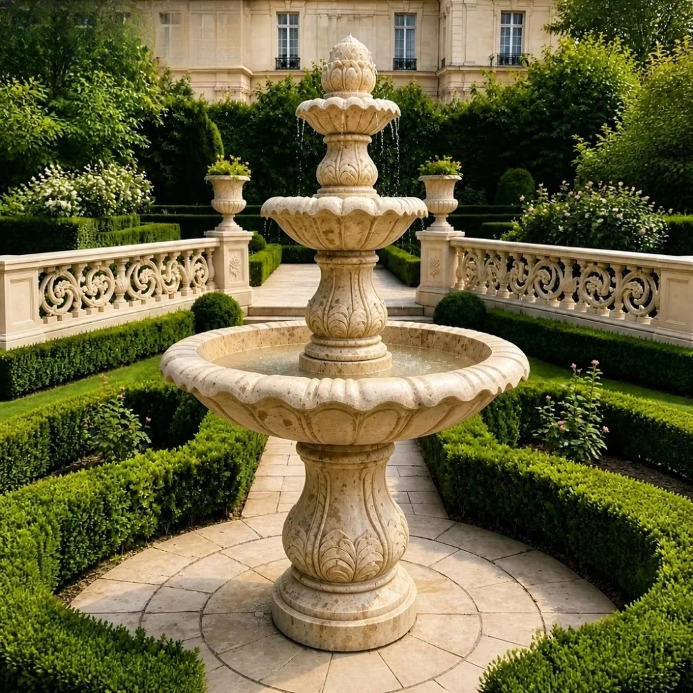 Wholesale Natural Stone 3 Tier Leaf Carved Fountain Sculpture Outdoor Garden Water Feature for Villa Patio Courtyard Decoration