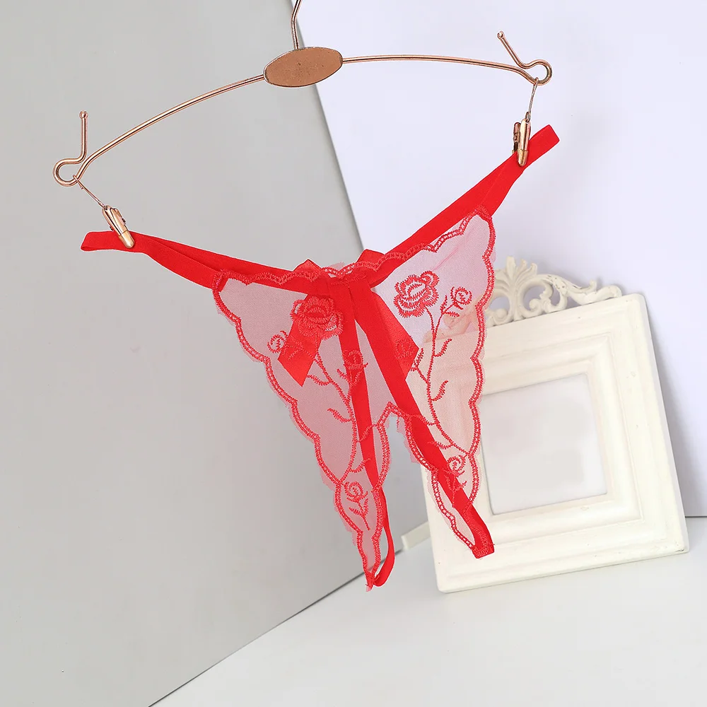 Open Thongs for Women Crotchless Embroidery G String Tanga Lace Briefs Transparent Sexy Lingerie