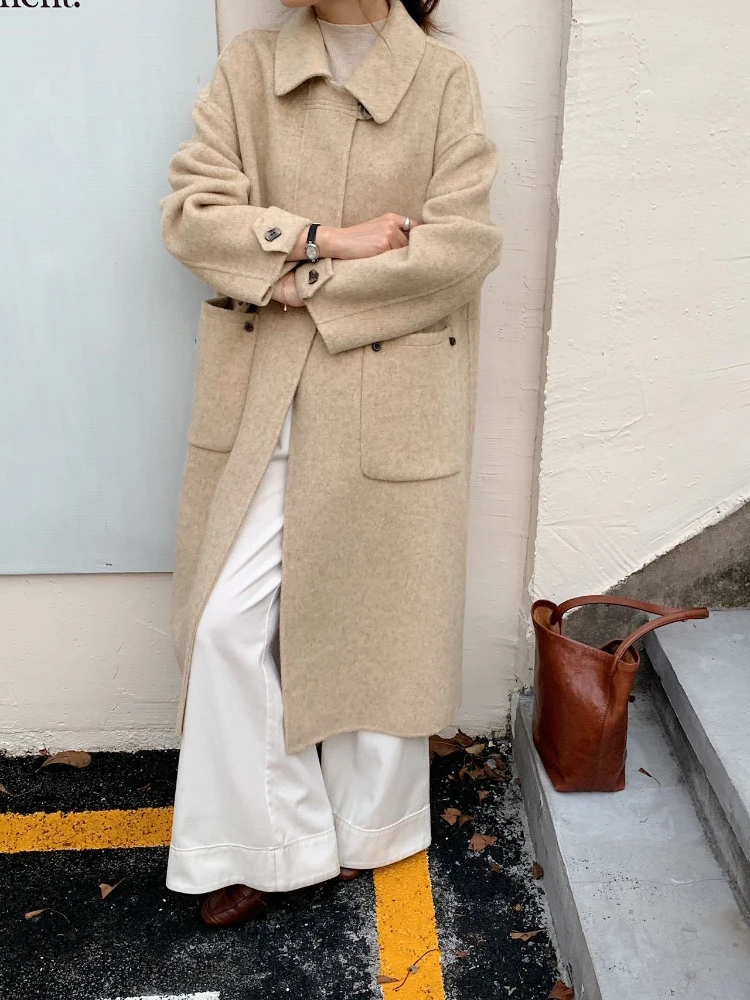 

2025 New Women's Double Faced Woolen Trench Coat Long Double Breasted Lapel Pocket Elegant Vintage Chic Autumn Winter Overcoat