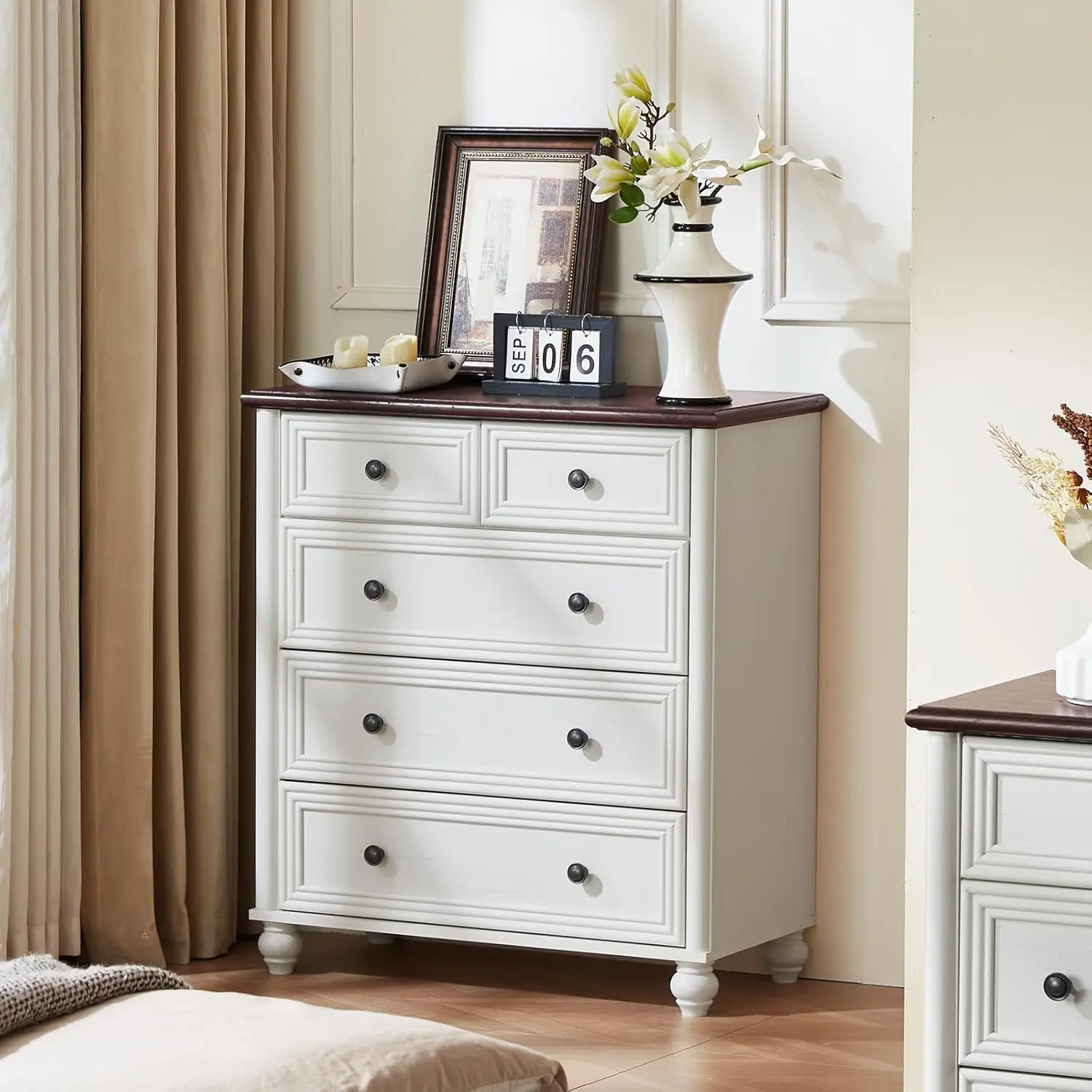 خزانة ملابس بيضاء ريفية ذات 5 أدراج، بطول 35.5 بوصة، منظم تخزين المزرعة لغرفة النوم وغرفة المعيشة والممر