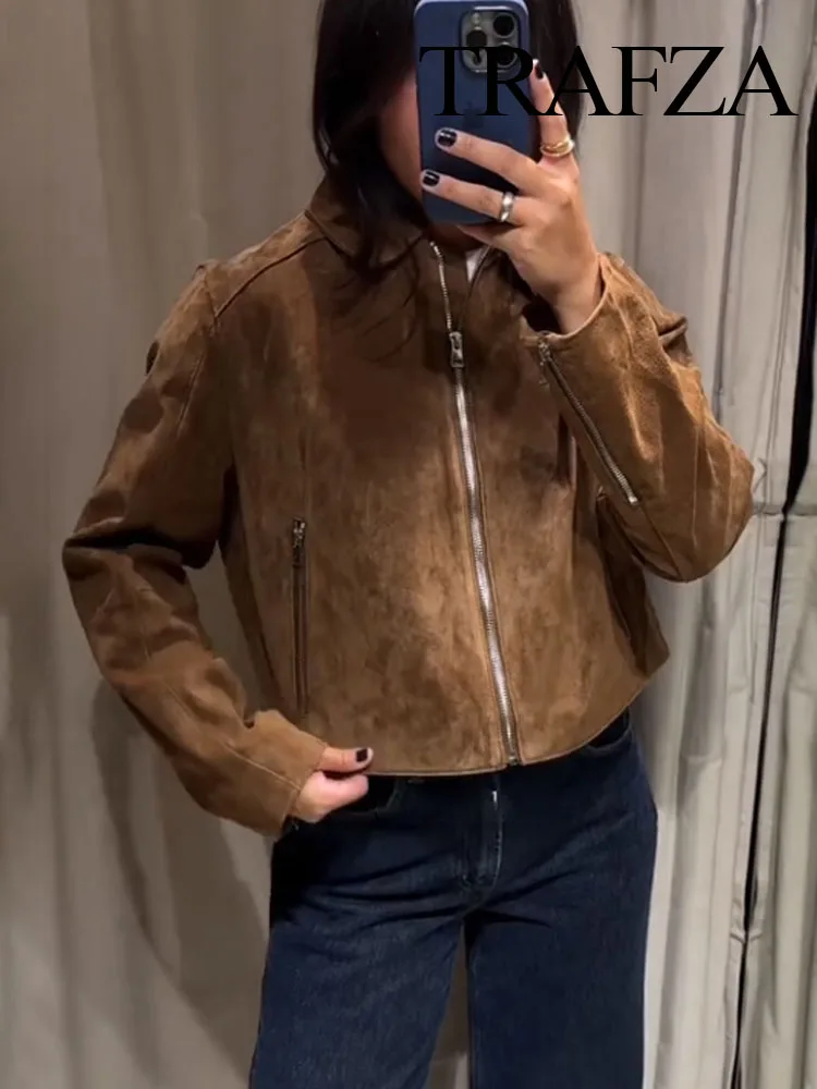 

TRAFZA Women Autumn Elegant Lapel Long Sleeves Short Jacket Female Fashion High Street Solid Casual Pocket Zipper Coats Mujer