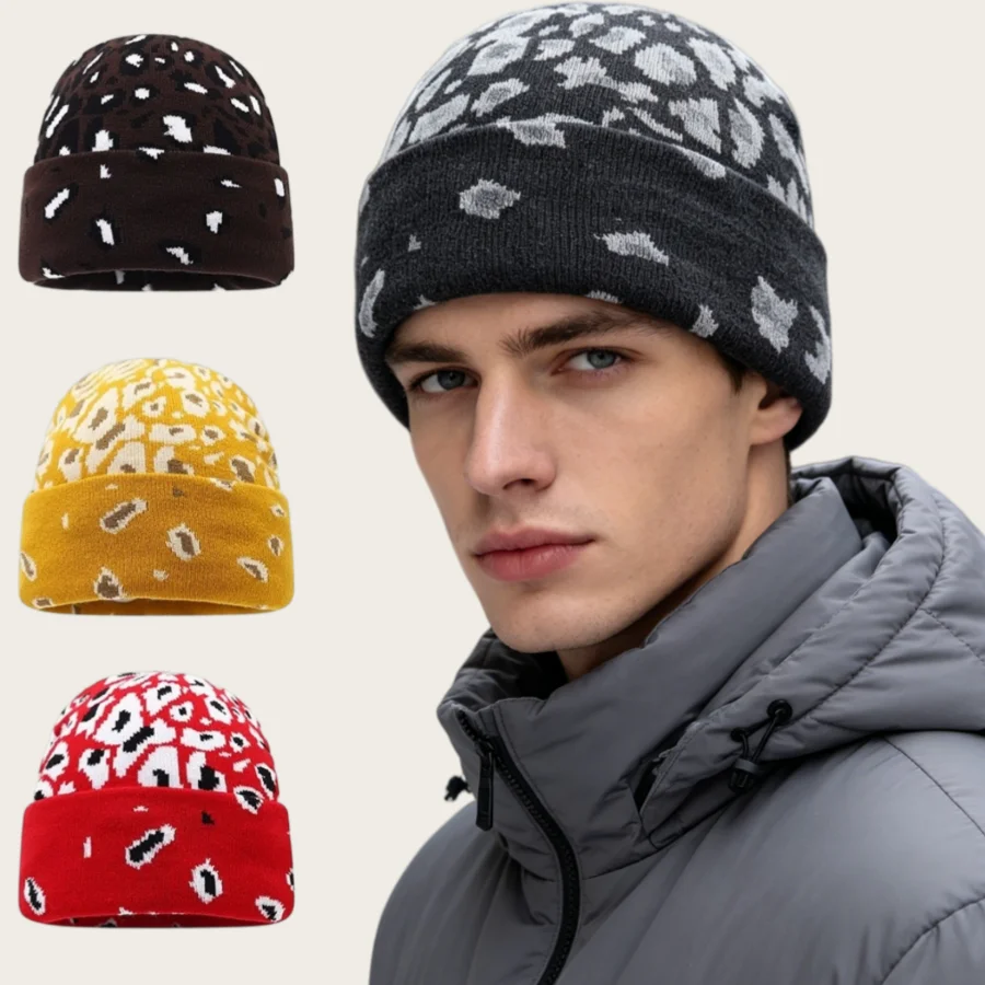 Men's Autumn and Winter Leopard Print Knitted Beanie, 3D Foldable Brim Warm Knit Hat, Black, Brown, Red, Blue Multi-Color Leopard Pattern, Outdoor Travel Street Fashion Versatile Hat