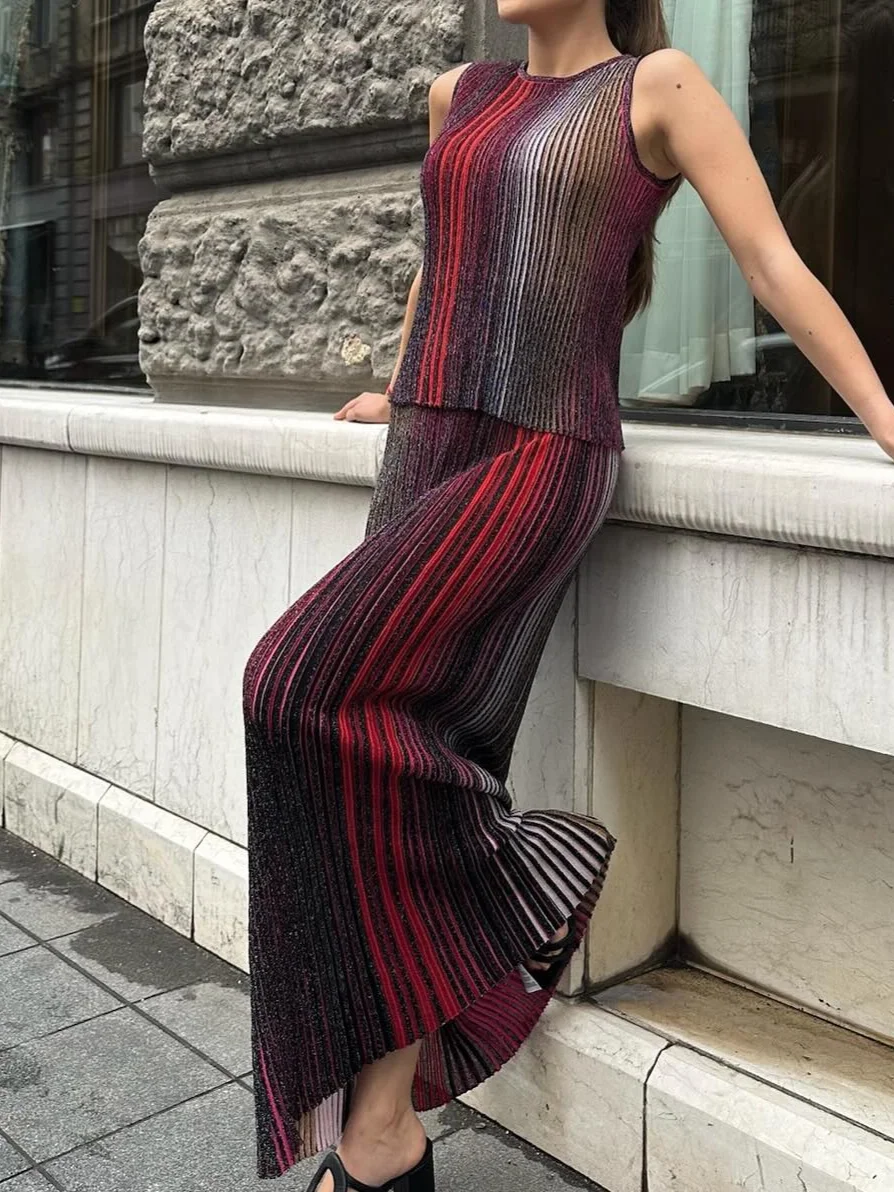 

Женский вязаный комплект в полоску с блестками, новинка 2025 года, жилет без рукавов с круглым вырезом + эластичный пояс, длинный повседневный женский костюм трапециевидной формы Jupe
