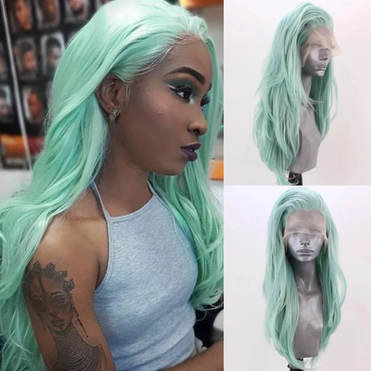 

Светло-зеленый парик Длинные прямые парики фронта шнурка 13x4 HD Парик шнурка Предварительно выщипанный синтетический Высокое качество Косплей pelucas для Wemon