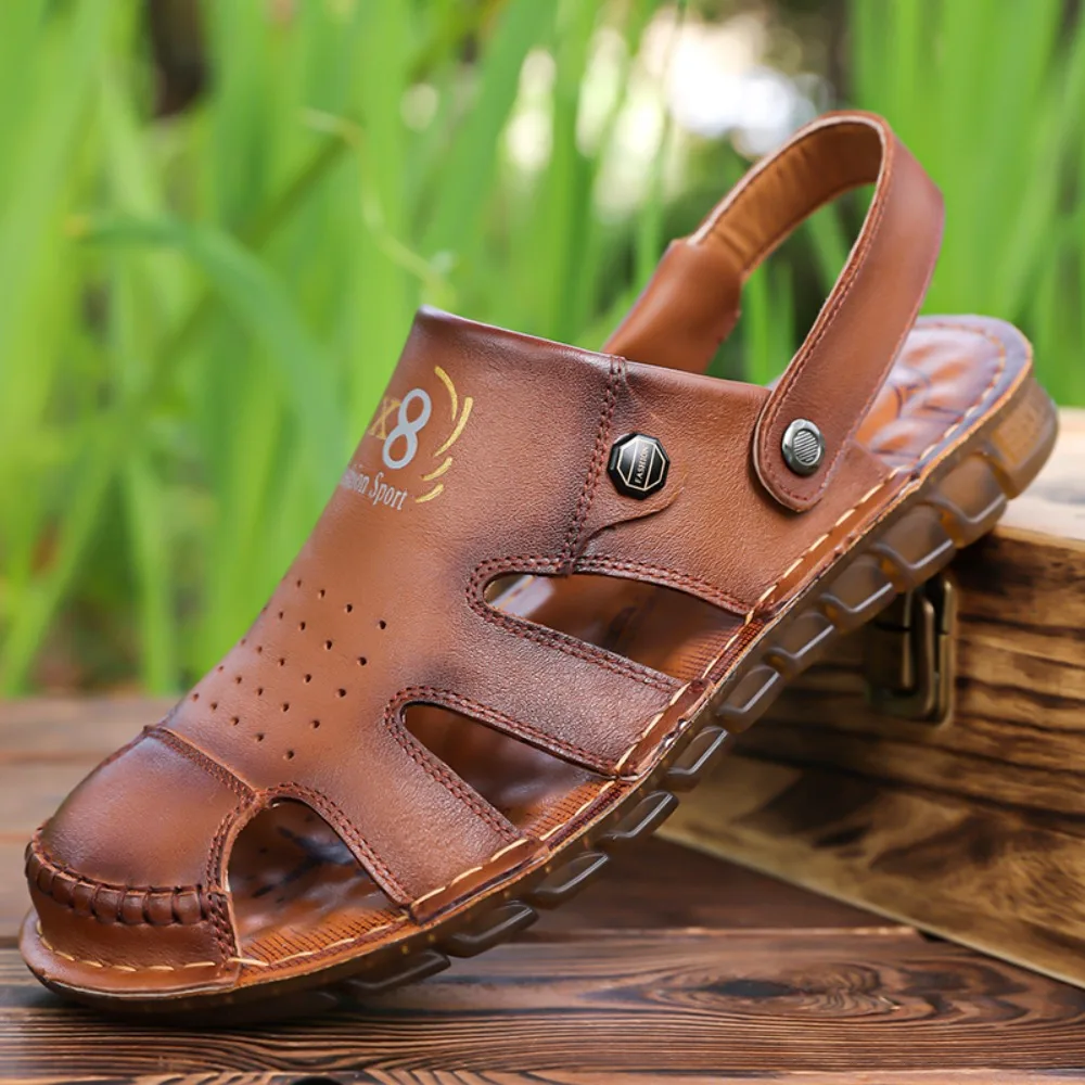 Top Layer Cowhide Men's Sandals Summer New Style Anti-Slip Beach Shoes Soft Bottom Slippers Comfortable Breathable Footwear