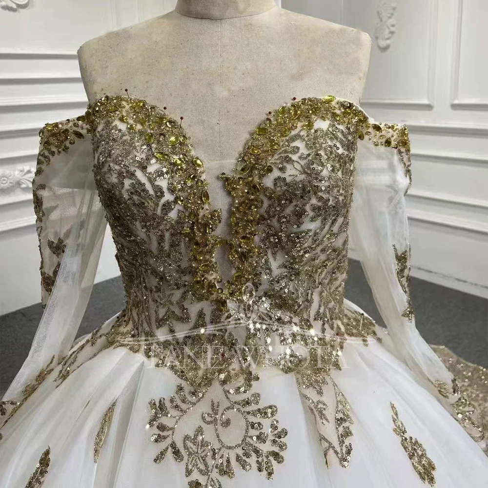 فستان الزفاف الذهبي الحبيب كم طويل كريستال مطرزة الدانتيل فستان الزفاف الفاخرة فساتين الزفاف المخصصة