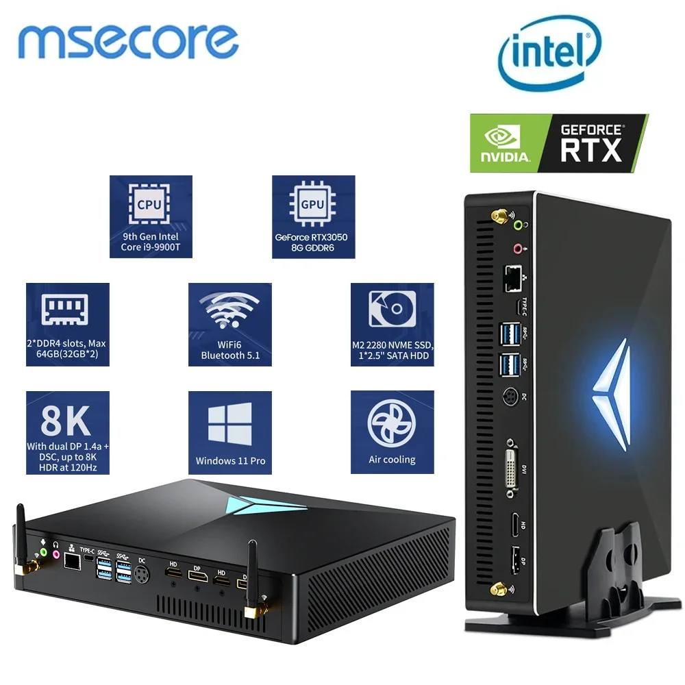 MSECORE MV200 Mini PC de jeu Windows 11 Intel Core i9-9900KF RTX3050 8G PolynCard Ordinateur de bureau Bureau MINIPC DDR4 NVcloser SSD