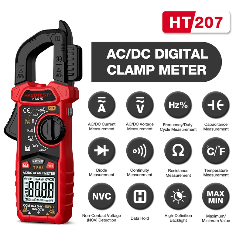 Digital Clamp Meter Multímetro True Rms Ncv Tensão e Tester Atual True Rms Habotest-ht207d ac dc