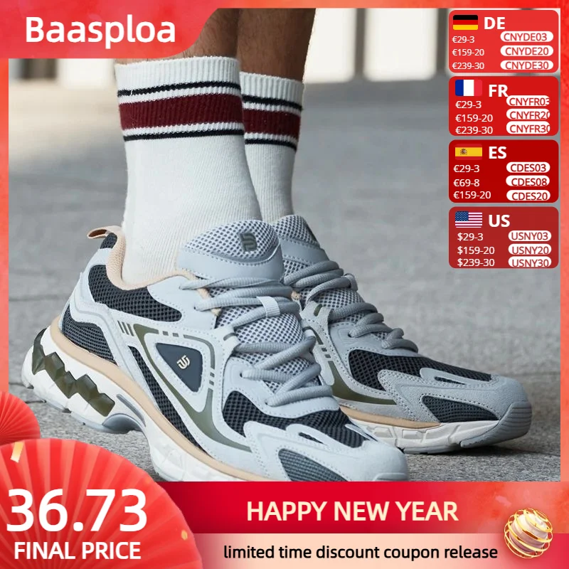 Baasploa New Running Shoes Men Spring Outdoor Cushion Jogging Sports Shoes Male Casual Mesh Non-slip Breathable Retro Sneakers