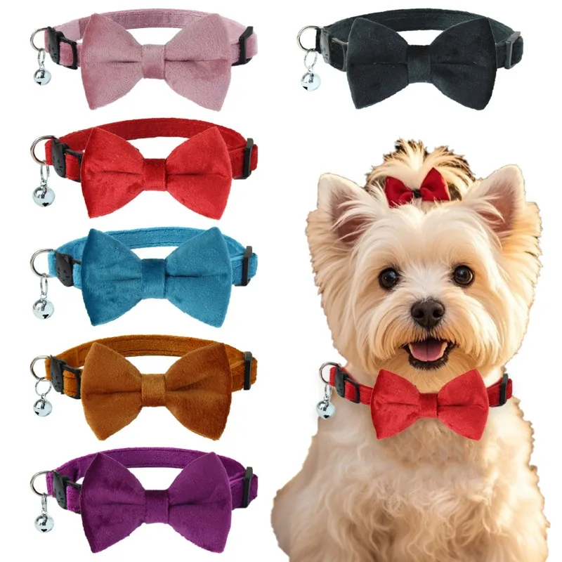 Samt-Katzenhalsband, einfarbig, Schleife, Welpe, Chihuahua-Halsbänder mit Glocke, verstellbare Sicherheitsschnalle, Katzenfliege, Haustierzubehör