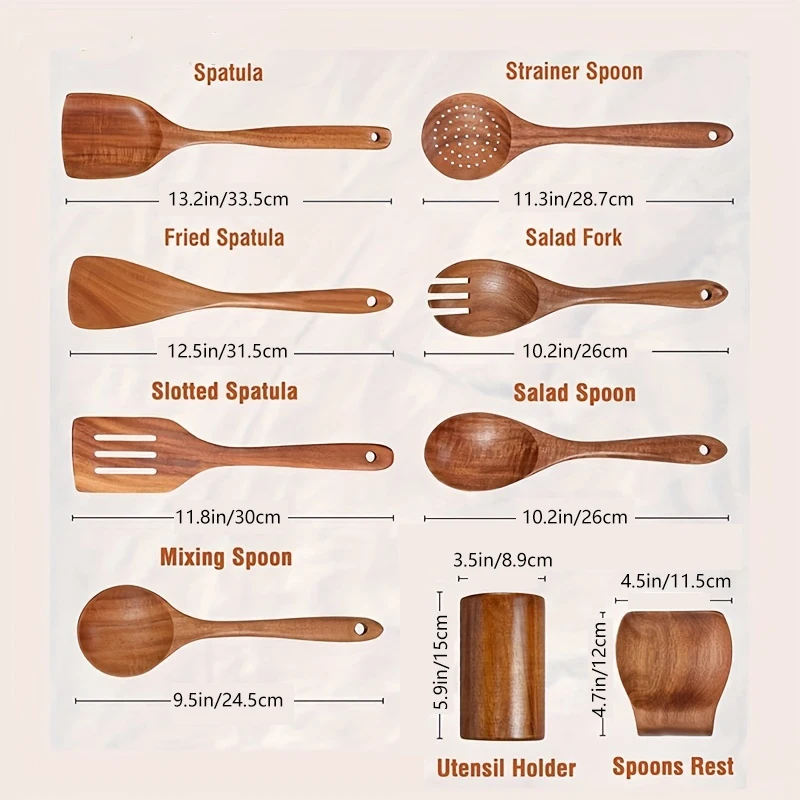 KEMORELA 9-teilige Holzlöffel zum Kochen, Holzutensilien zum Kochen mit Utensilienhalter, Teakholz-Küchenutensilien-Set 3