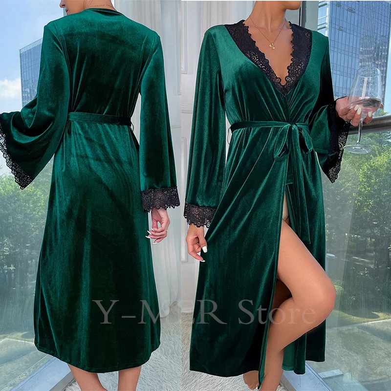 Sexy Lace Up Velour Long Robe Nightwear Women\'s Sleepwear Burgundy Kimono Bathrobe Gown Intimate Lingerie Autumn New Homewear