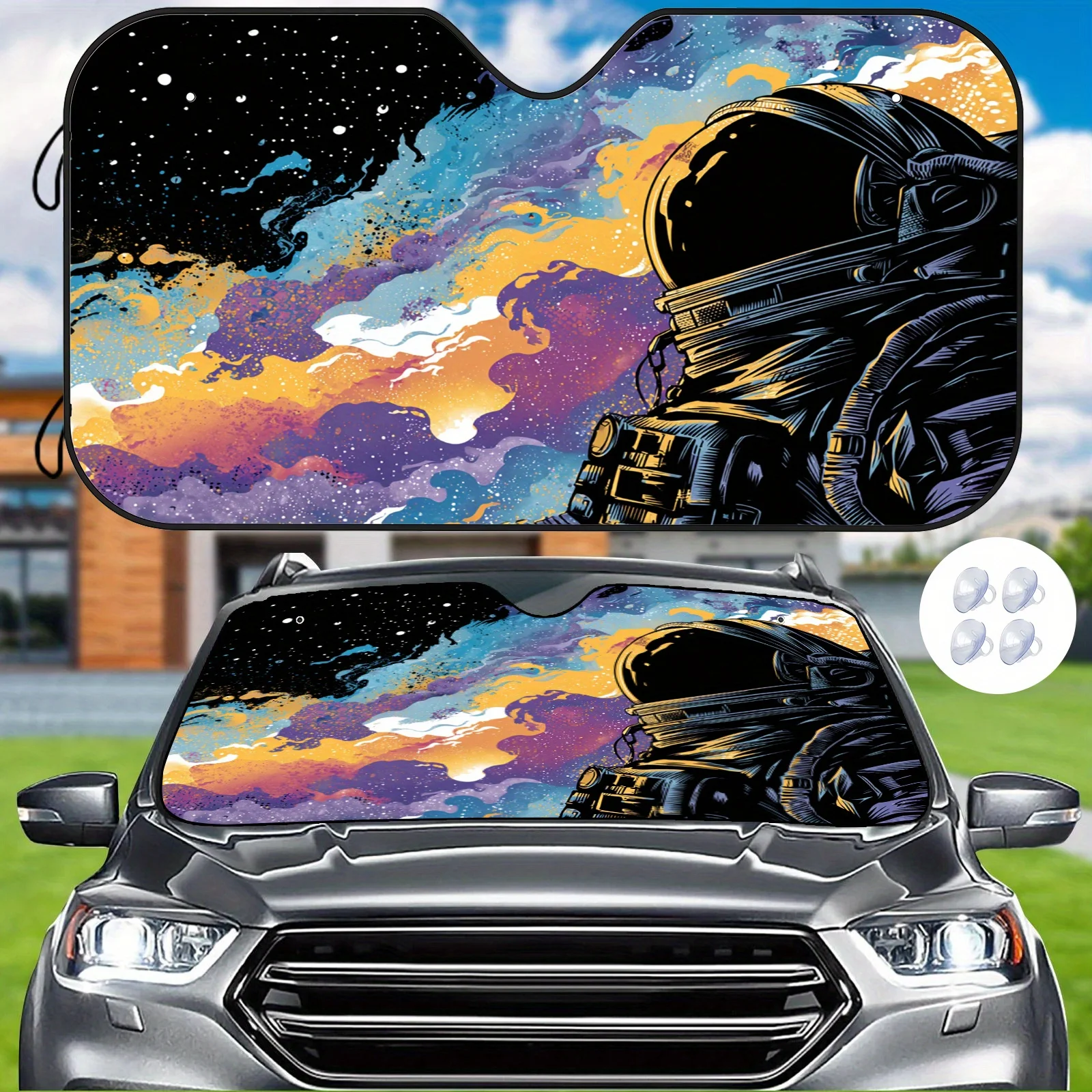 Cosmic Astronaut Car Sunshade, Trendy Splatter-paint Style, Heat Insulating And Heat Resistant, Maintains Interior Temperature,