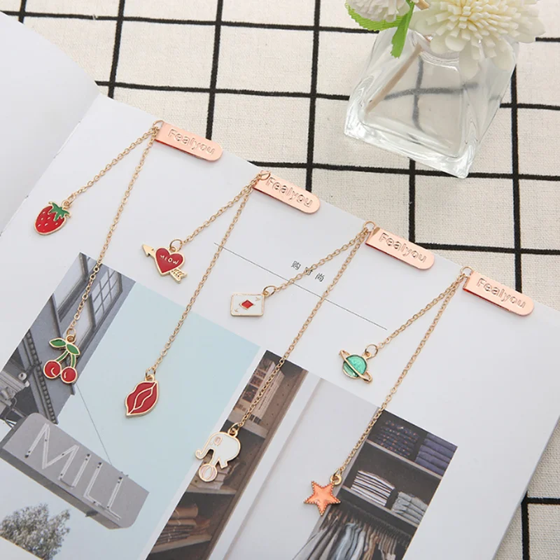 Kawaii Strawberry Cherry Bookmark Student Exquisite Study Office Portable Reading Pendant Stationery DIY Metal Decorat Supplies