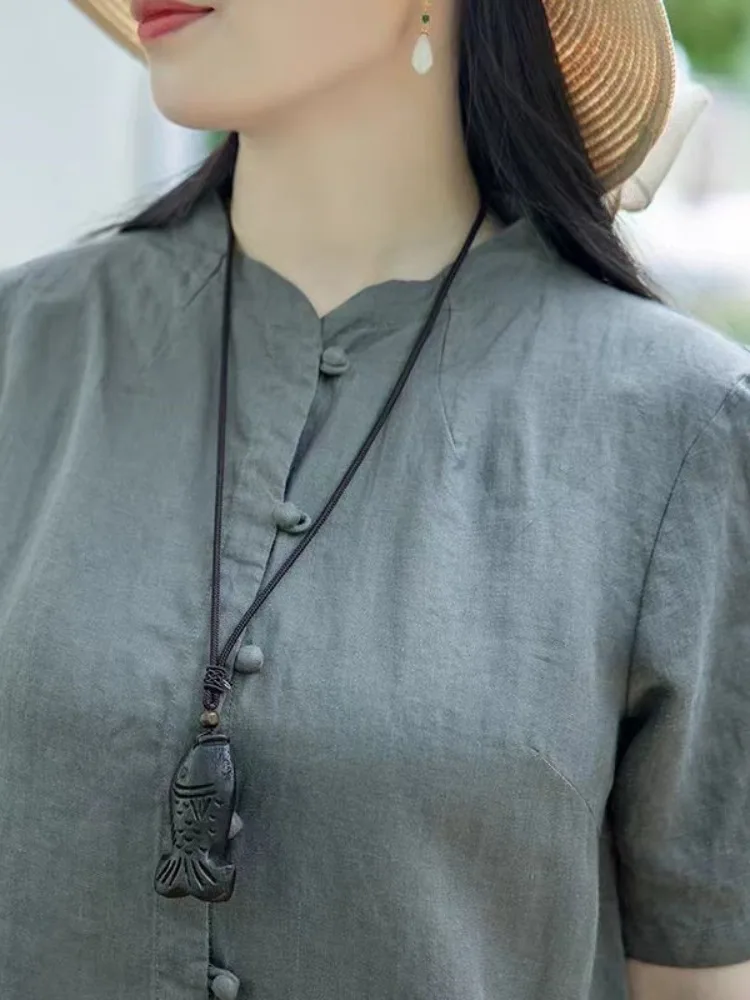 Cinese Sle Retro Bottone Cotone Lino Or Sve Irt Donna Estate Colore puro Semplice Zen Sle Lino Irt Top dimagrante...