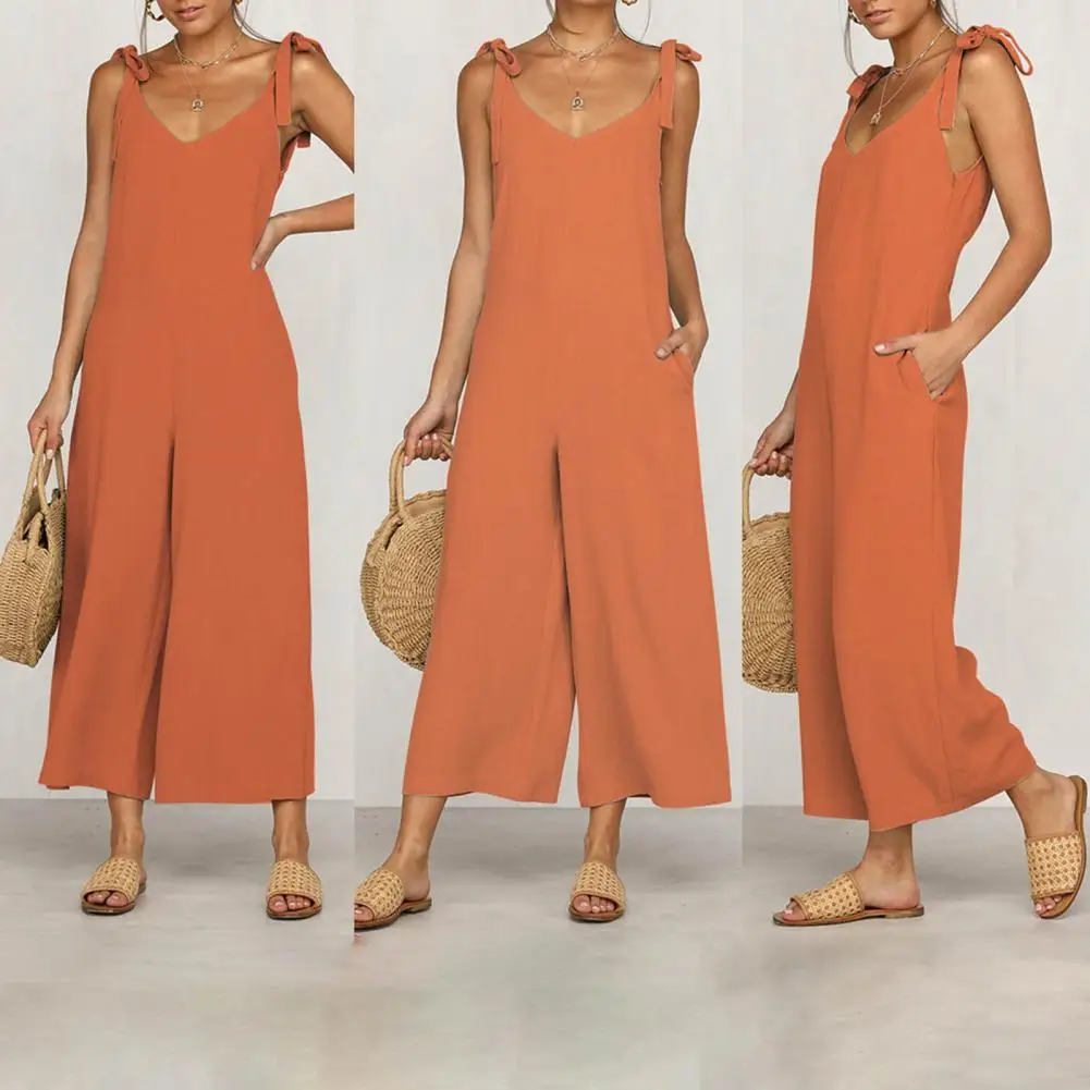 Summer Loose Casual Jumpsuit Women Sleeveless Rompers O Neck Solid Backless Overalls Trousers Wide Leg Cropped Pants