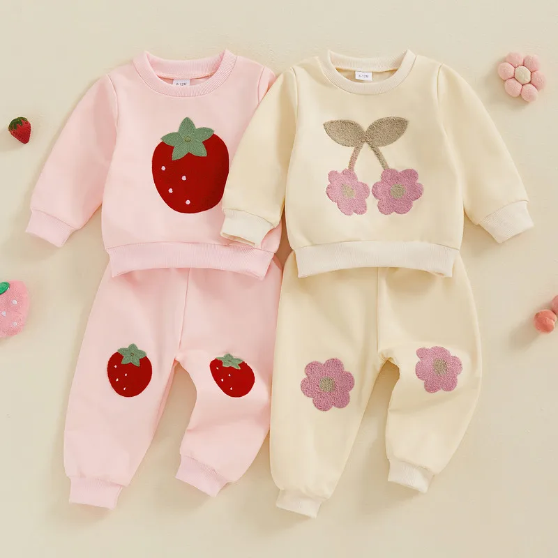 6 Months to 4 Years Toddler Girls 2PCS Pant Sets Autumn Clothes Long Sleeve Strawberry /Floral Embroidery Tops Pants Set