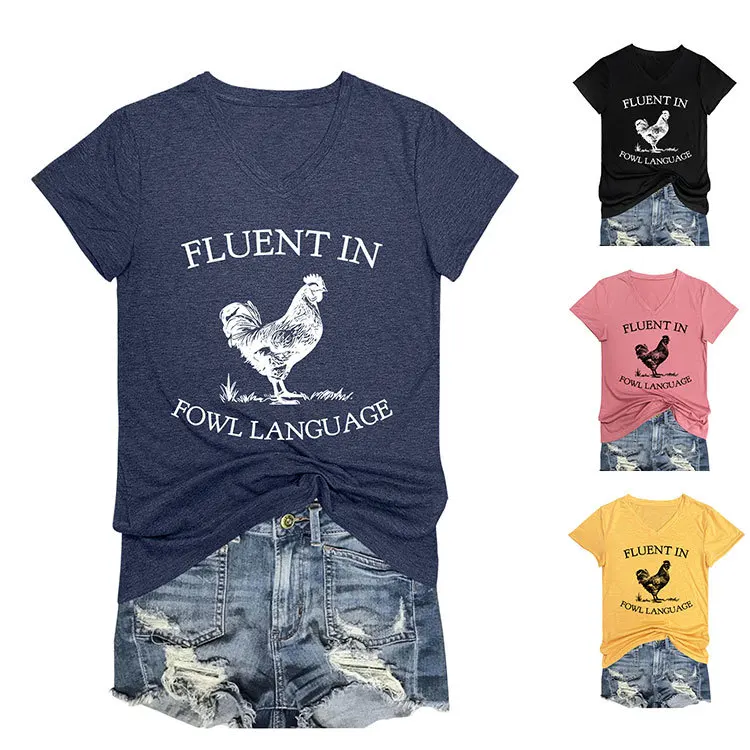 

New V-neck T-shirt for summer fluent in fowl language print loose casual top Fashion jumper