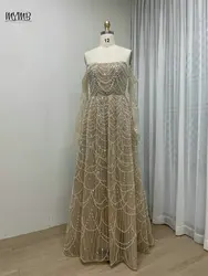 MYMB Champagne Stunning Beaded A-Line Girls Princess Prom Party Gowns Arabic Strapless Lace Up Back Evening Dresses with Gloves