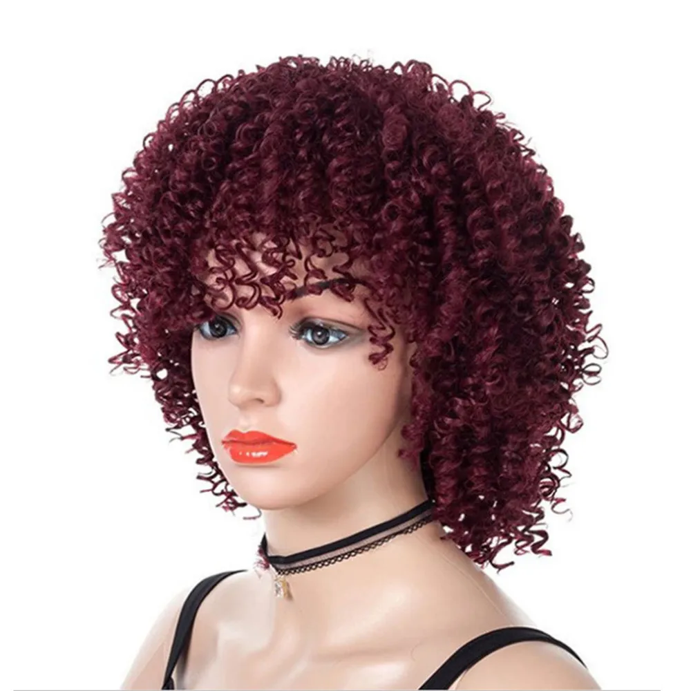 Parrucca sintetica Europeo e americano Nero Colore rosso scuro Parrucche corte Puffy Piccoli riccioli Capelli Esplosivi Afro Festa quotidiana CosplayUse