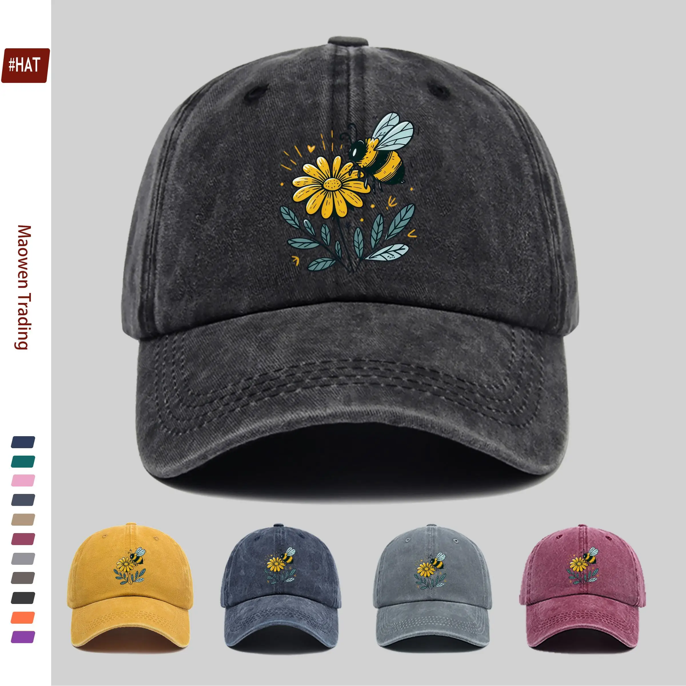 1pc Bee and Small Yellow Flower, Forest Green Pattern Print Baseball Cap, Ideal Decorative Hat for Travel Enthusiasts, Multiple