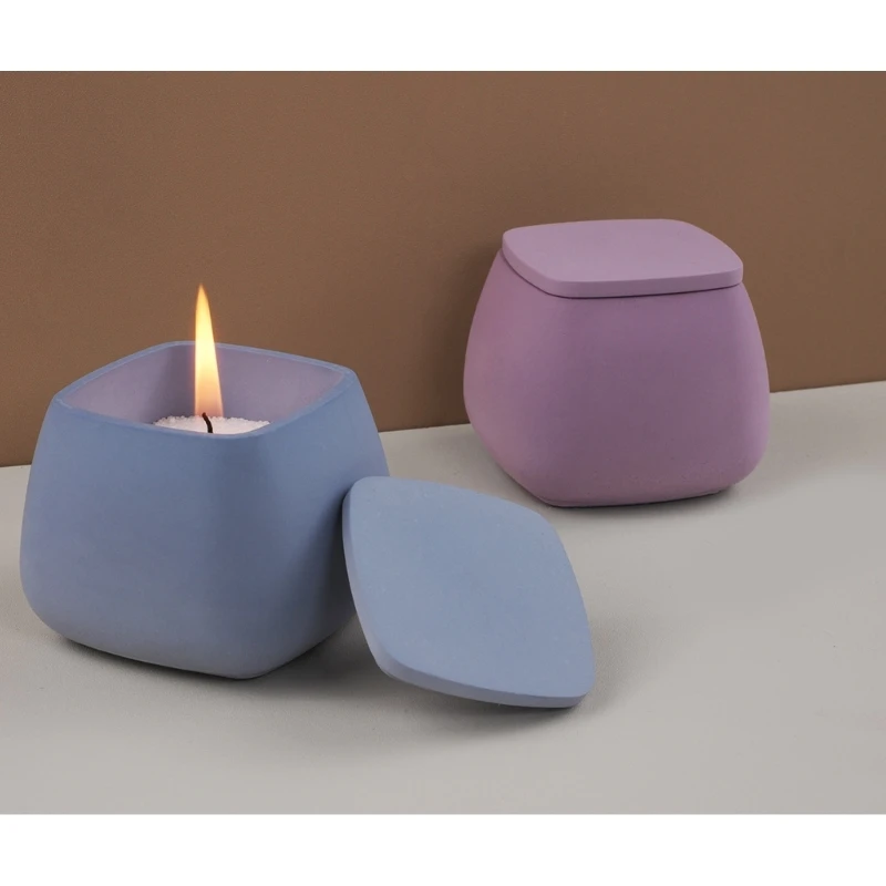 Sqaure Shaped Candle Holder Jar Cement Silicone Mold With Lid Concrete Wax Candle Container DIY Plaster Resin Storage Box Mould