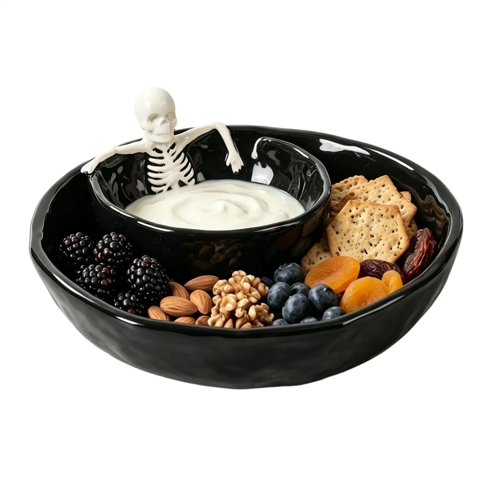 Dipping Bowls Halloween Double Layer Ceramic Skull Spooky Gothic Dish 8.5-inch Salsa Serving Appetizer Bowls for Kitchen