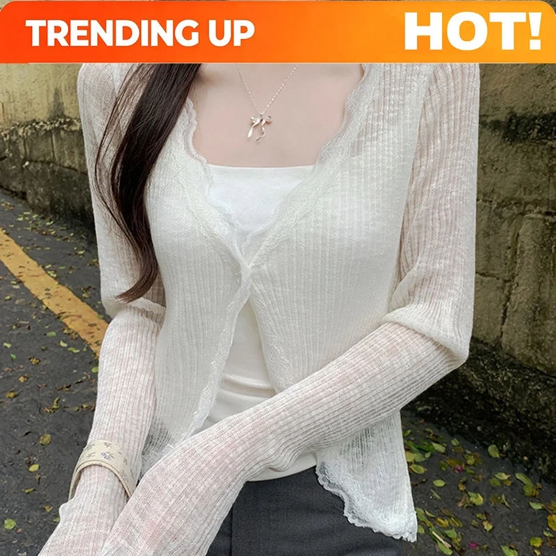 Customization Sheer Lace-trim Knitted Cardigan Long Sleeve Button Front Crop Top Women Spring Summer 2026 Cottagecore Boho Chic
