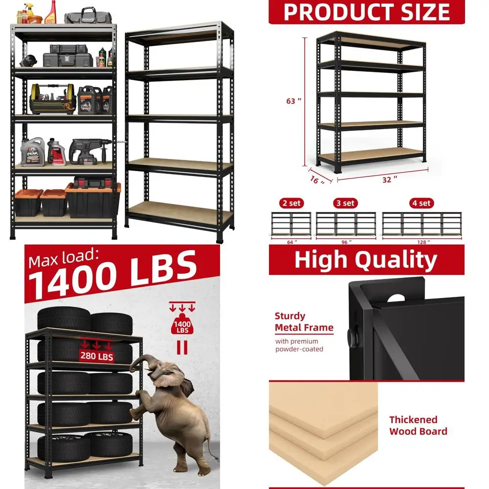 

5-Tier Adjustable Heavy Duty Metal Garage Storage Shelves - 2 Pack, 32W x 16D x 63H, Maximize Space Organization Solutions