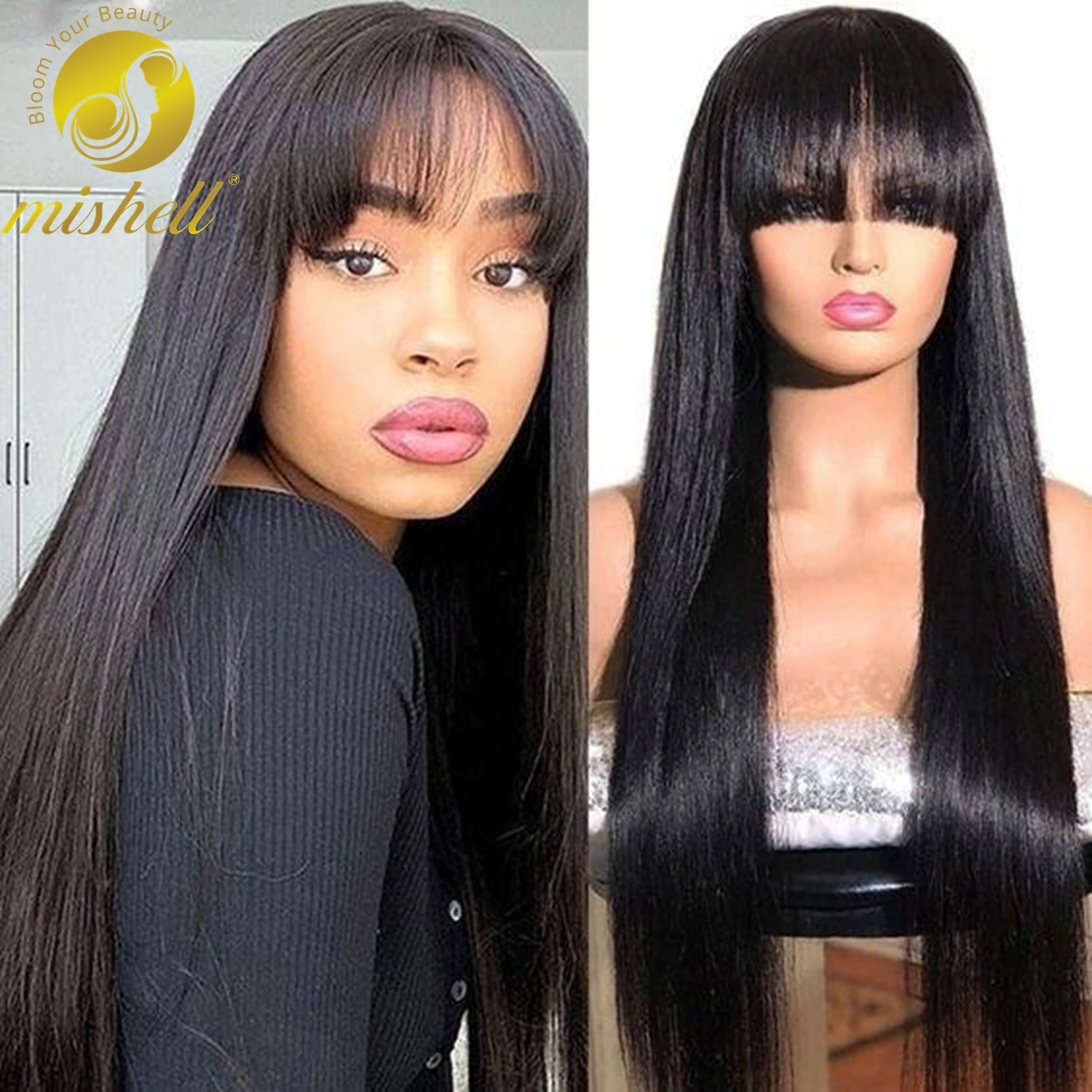 

34 36 Inches Straight Full Machine Made Wig with Bangs 250% Natural Human Hair Wig For Women PrePlucked Remy Hair Cheap Wigs