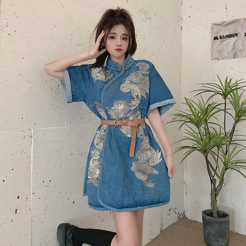 2024 chinese style vintage short sleeve qipao dress women hanfu denim skirt embroidery qipao dress casual daily embroidery dress