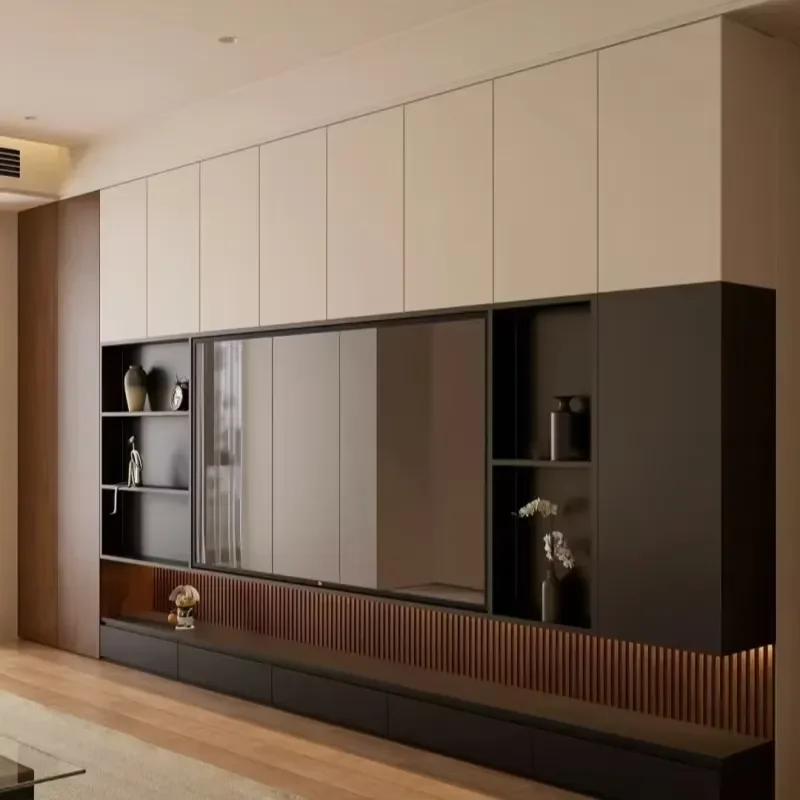 custom european modern tv cabinet simple design with hidden storage smart wall unit in wood for living room factory