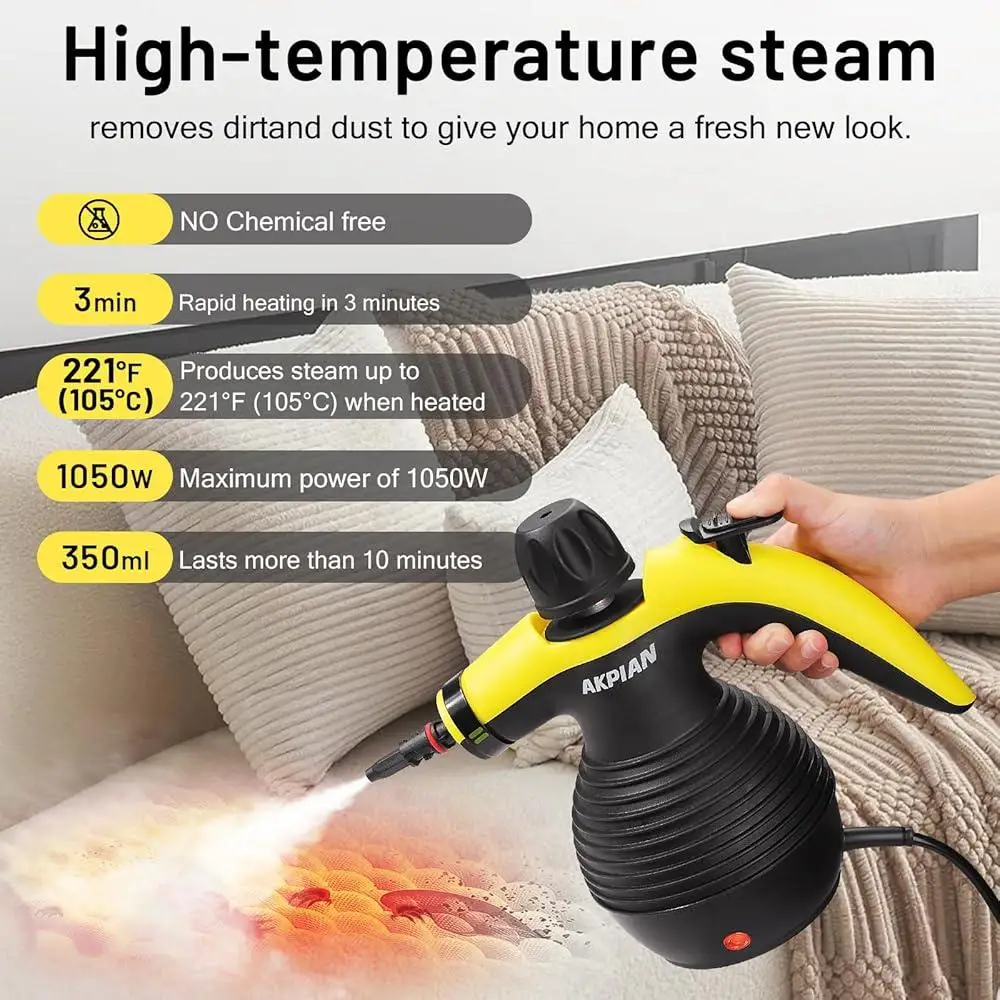 Handheld Steam Cleaner Portable Multipurpose Steamer with Safety Lock 10 Accessories Home Use Kitchen Cleaning Grime Upholstery