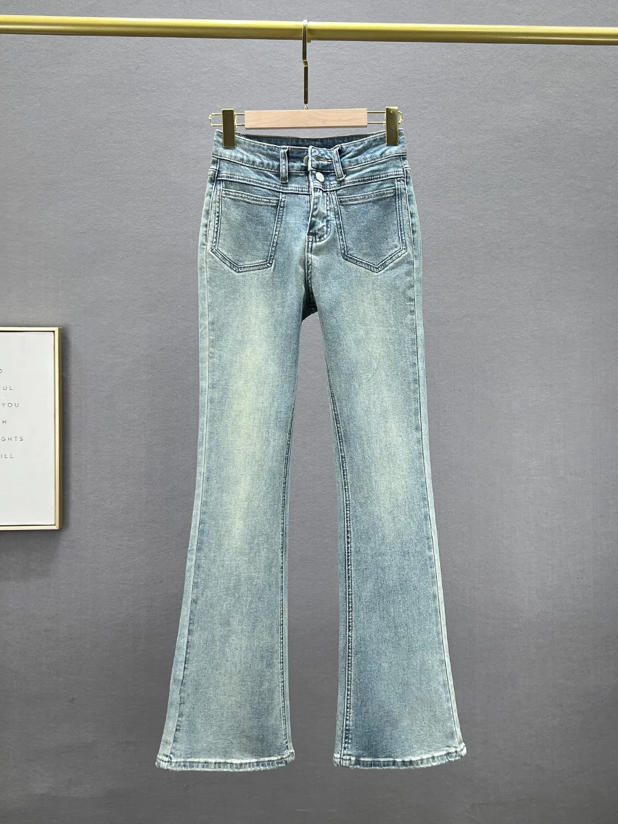 

Женские джинсы-клеш с высокой талией, облегающие, модные, новинка 2024 года, весенние, эластичные, длинные, в пол, из хлопкового стрейч-денима