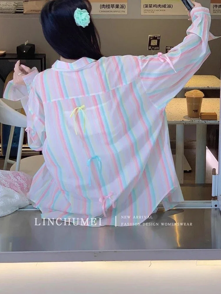 Zoki قوس قزح مخطط قميص المرأة عادية فضفاض الحلو الكورية بلوزة خمر كم طويل أنيق لطيف القوس سيدة الربيع الصيف القمم #2