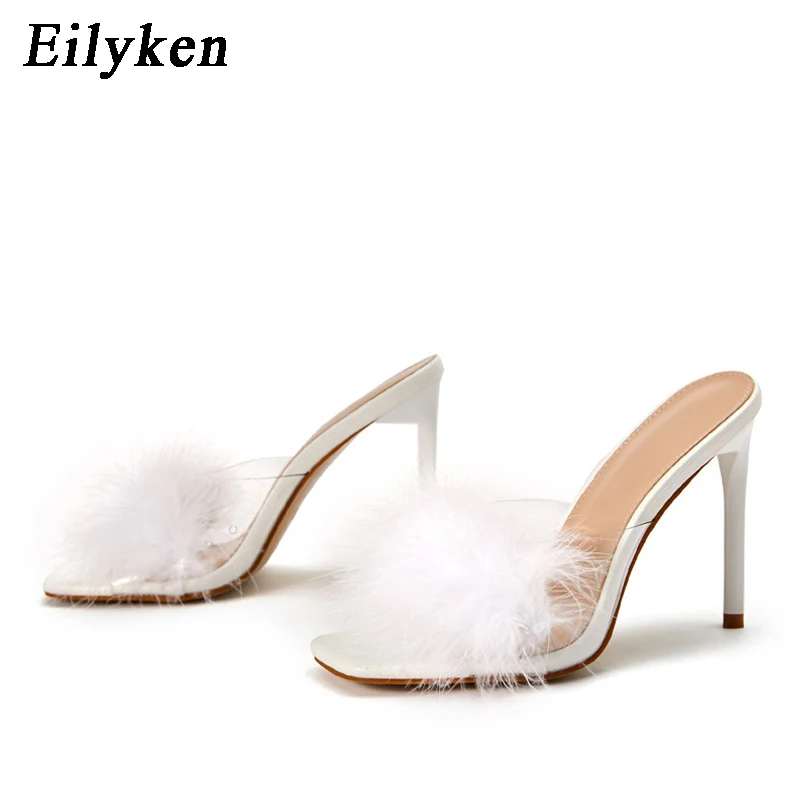 Eilyken PVC Transparent Furry Fur Woman Slippers Fashion Square Toe Stiletto High Heels Sandals 2024 Summer Party Shoes