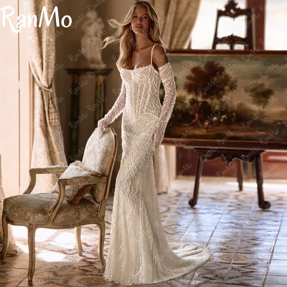 

Ranmo Luxurious Beaded Lace Appliques Wedding Dress Dreamy Spaghetti Strap Bridal Gown Customized Long Sleeves Court Train 2025