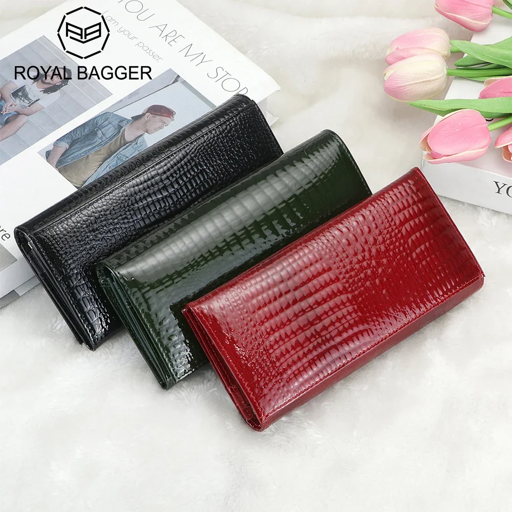 

Длинные кошельки Royal Bagger из натуральной кожи в стиле ретро для женщин, кошелек-клатч с несколькими слотами для карт, кошелек-клатч с крокодиловым узором 2493