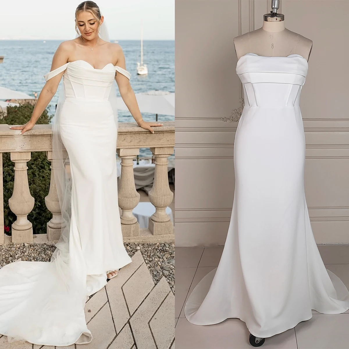 Detachable Off Shoulder Straps Sheath Crepe Wedding Dress Sweetheart Neckline Real Picture Customized Boned Zipper Bridal Gowns