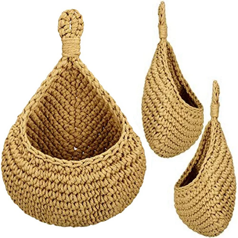 Flax Hanging Storage Basket Teardrop Shape Woven Boho Wall Fruit Basket Wall Planters For Kitchen Decor Small 3Pcs