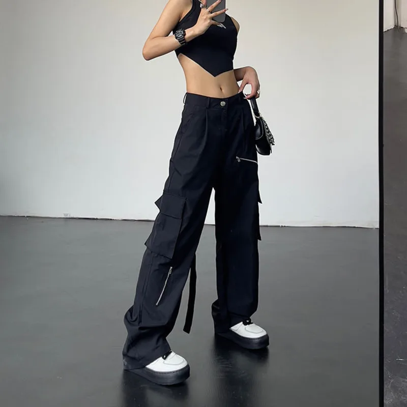 

Korean Hip Hop Black Cargo Pants Gothic Straight Casual Streetwear Women's Pocket Chain Punk Style Trousers 2022 Summer Fashion