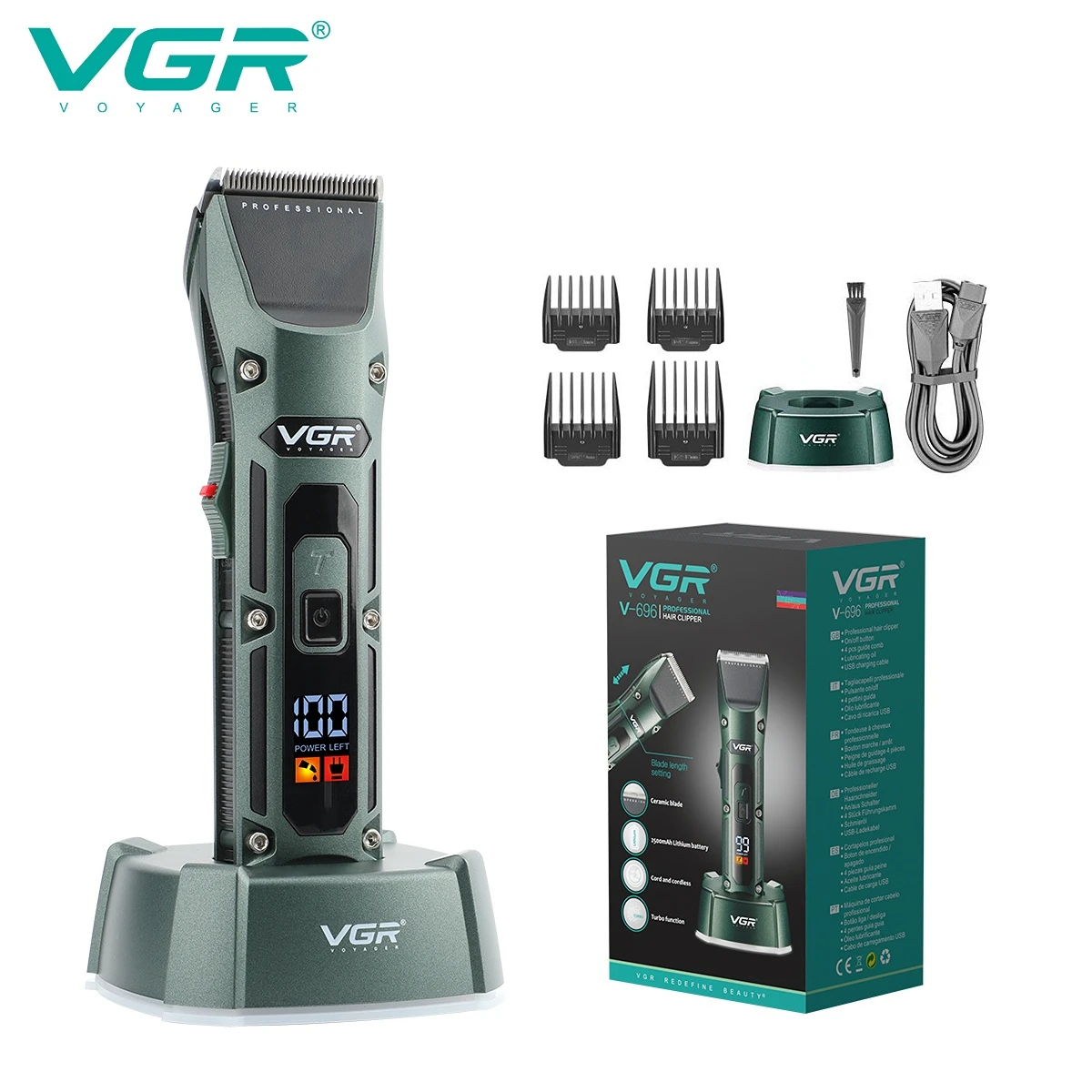 VGR Hair Clipper Professional Hair Trimmer Cordless Barber Hair Cutting Machine Digital Display Haircut Trimmer for Men V-696