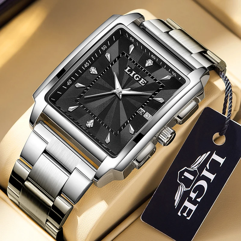 LIGE Fashion Men Quartz Wristwatches Top Brand Luxury Waterproof Watches for Men Fashion Square Chronograph Relogio Masculino