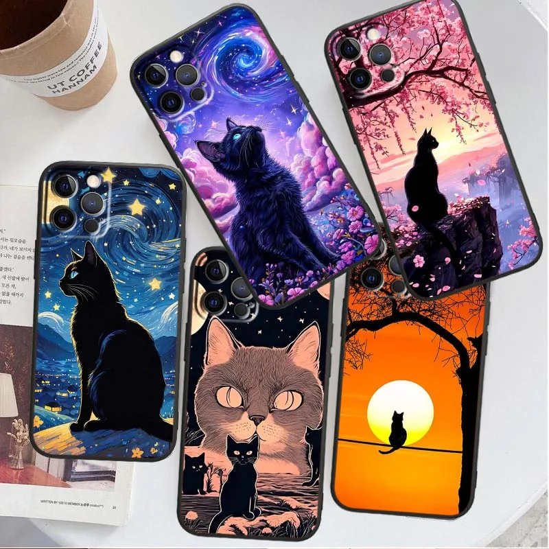 

Cartoon Cute Cat Pattern Cover For Apple iPhone 17 16 16E 15 14 13 12 11 Pro Max Plus Black Soft Silicone