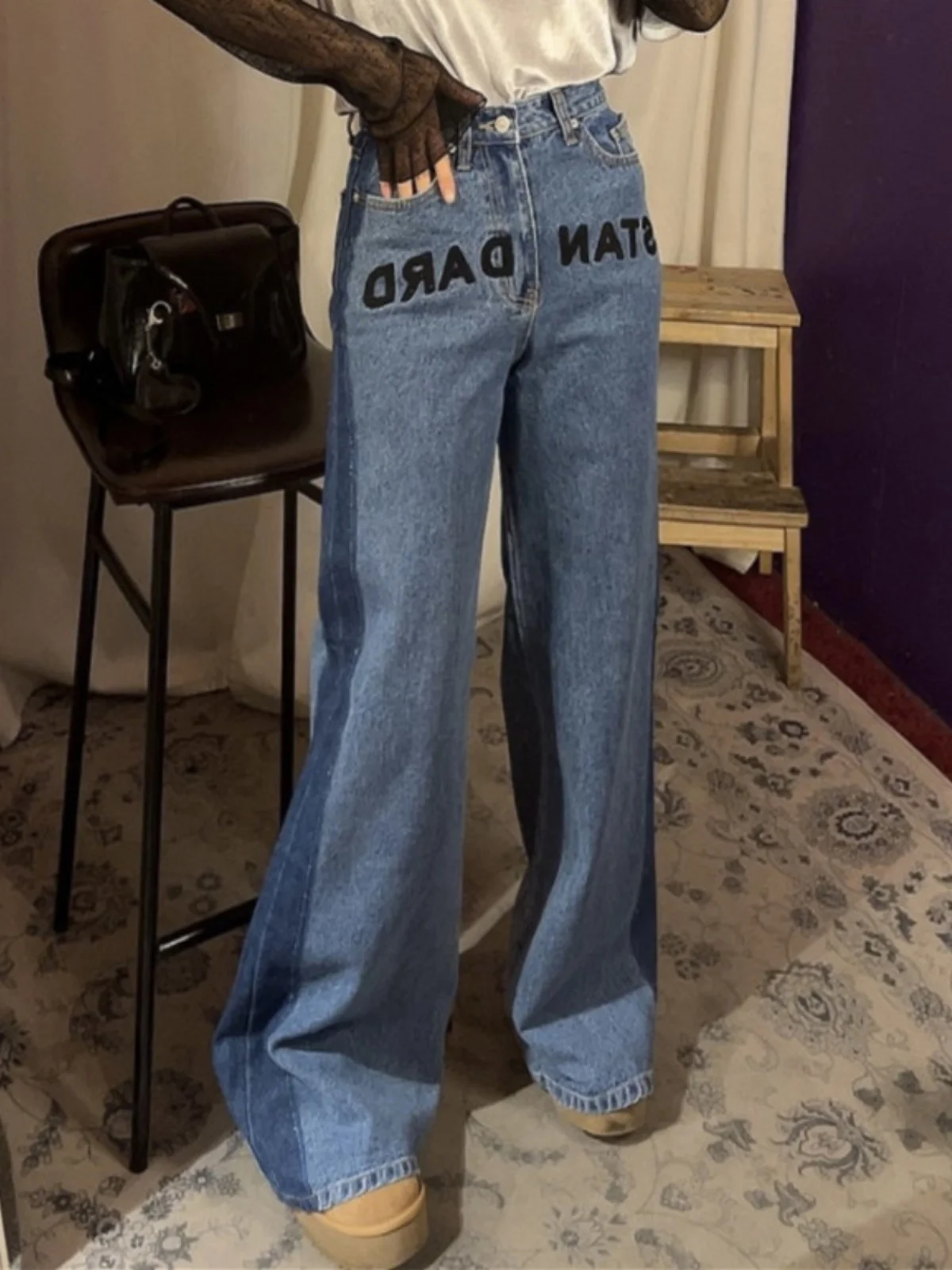 

Retro Wa High Waist Women's Jeans with Letter Embroidery Side Color Blo Loose Straight Leg Bell Bot Long Trousers